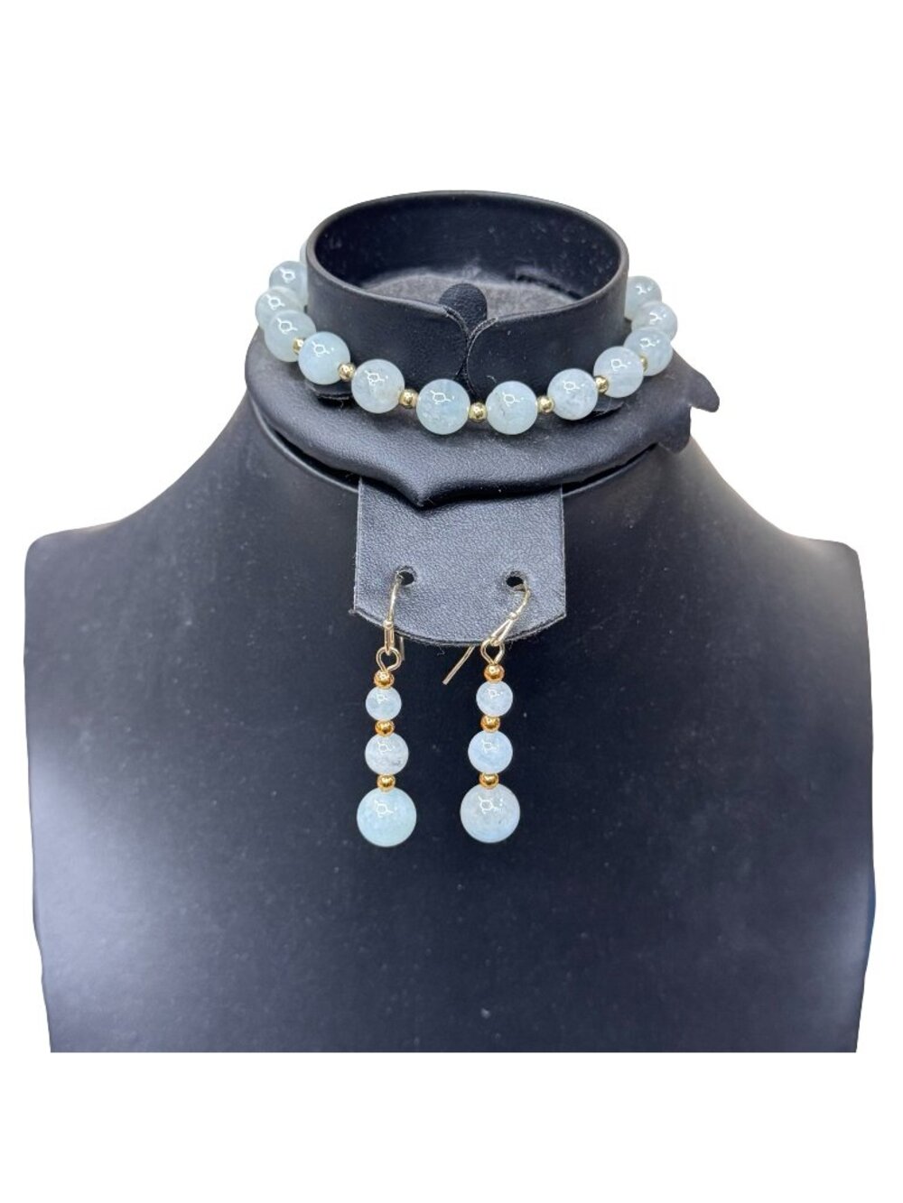 Stauer Gold-Tone Chain Bracelet & Earrings Set Larimar Light Blue Beads Vintage